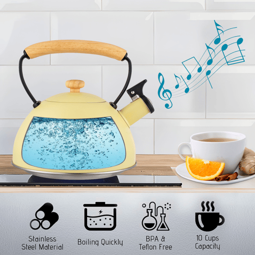 Briebe Pastel Chaleira de Indução com Apito, 2,3 L, Aço Inox, Retro, Vitrocerâmica, Gás, Cabo de Madeira, , Amarelo