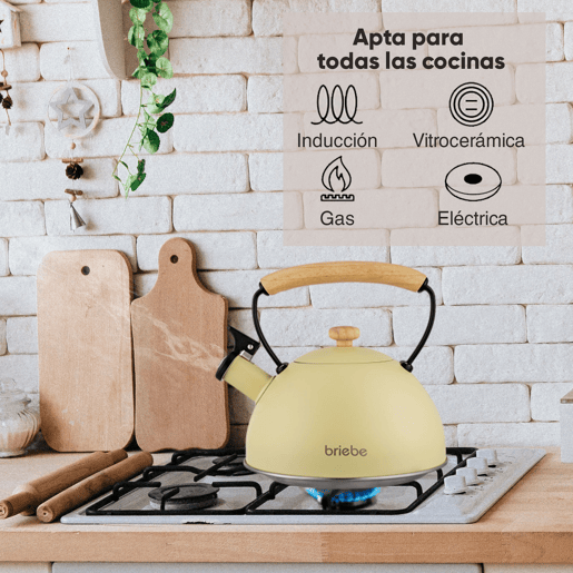 Briebe Pastel Chaleira de Indução com Apito, 2,3 L, Aço Inox, Retro, Vitrocerâmica, Gás, Cabo de Madeira, , Amarelo