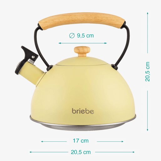 Briebe Pastel Chaleira de Indução com Apito, 2,3 L, Aço Inox, Retro, Vitrocerâmica, Gás, Cabo de Madeira, , Amarelo