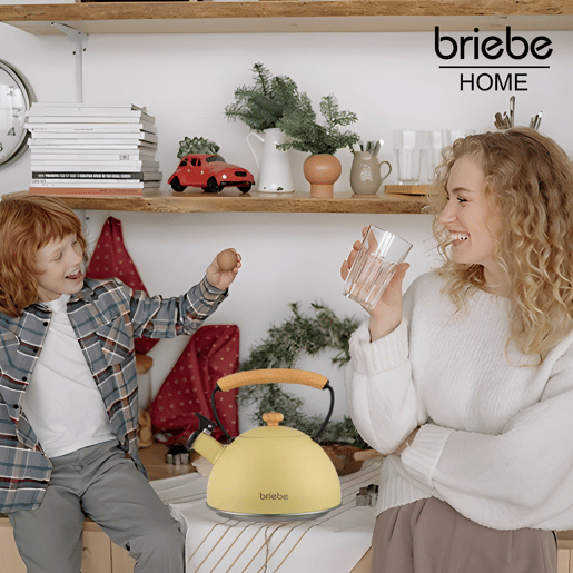 Briebe Pastel Chaleira de Indução com Apito, 2,3 L, Aço Inox, Retro, Vitrocerâmica, Gás, Cabo de Madeira, , Amarelo