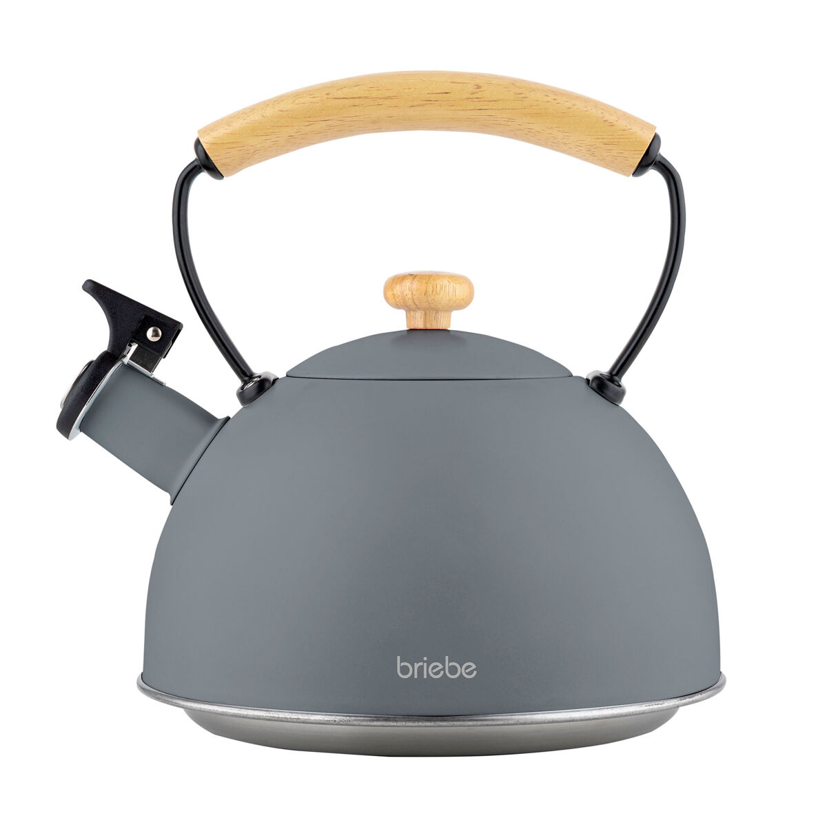 Briebe nordic tetera con silbato, hervidor de agua 2,3l, inducción, acero inox, vintage, mango madera, , gris