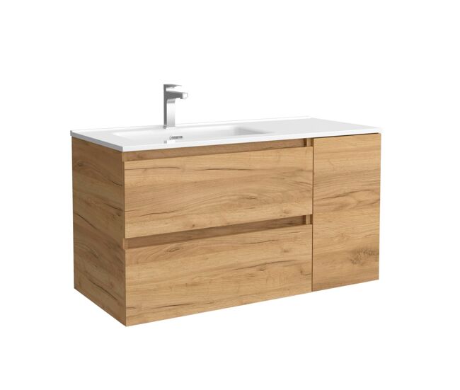Mueble de baño bequia 90cm + coqueta 1 puerta derecha + lavabo cerámica | roble |90x45x54