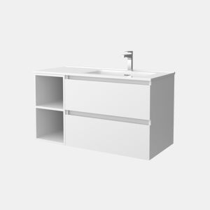 Móveis Bequia 100cm + armário esquerdo com 2 furos + lavatório de cerâmica | Cor branco mate | 100x45x54