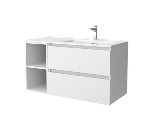 Mueble de baño bequia 100cm + coqueta 2 huecos izquierda + lavabo cerámica | blanco mate |100x45x54