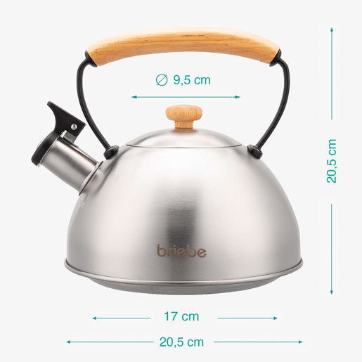 Briebe Wooden Chaleira de Indução com Apito, 2,3 L, Aço Inox, Retro, Vitrocerâmica, Gás, Cabo de Madeira, , Inox