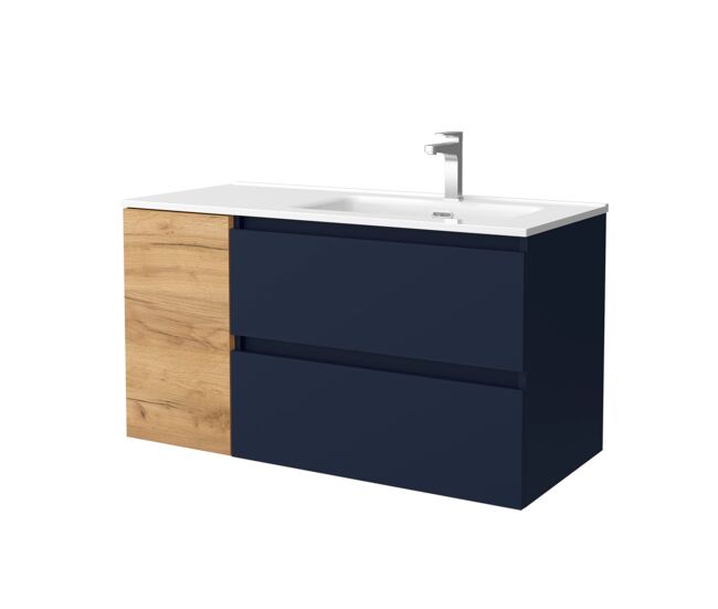 Mueble de baño bequia 100cm + coqueta 1 puerta izquierda + lavabo cerámica | azul mate / roble |100x45x54