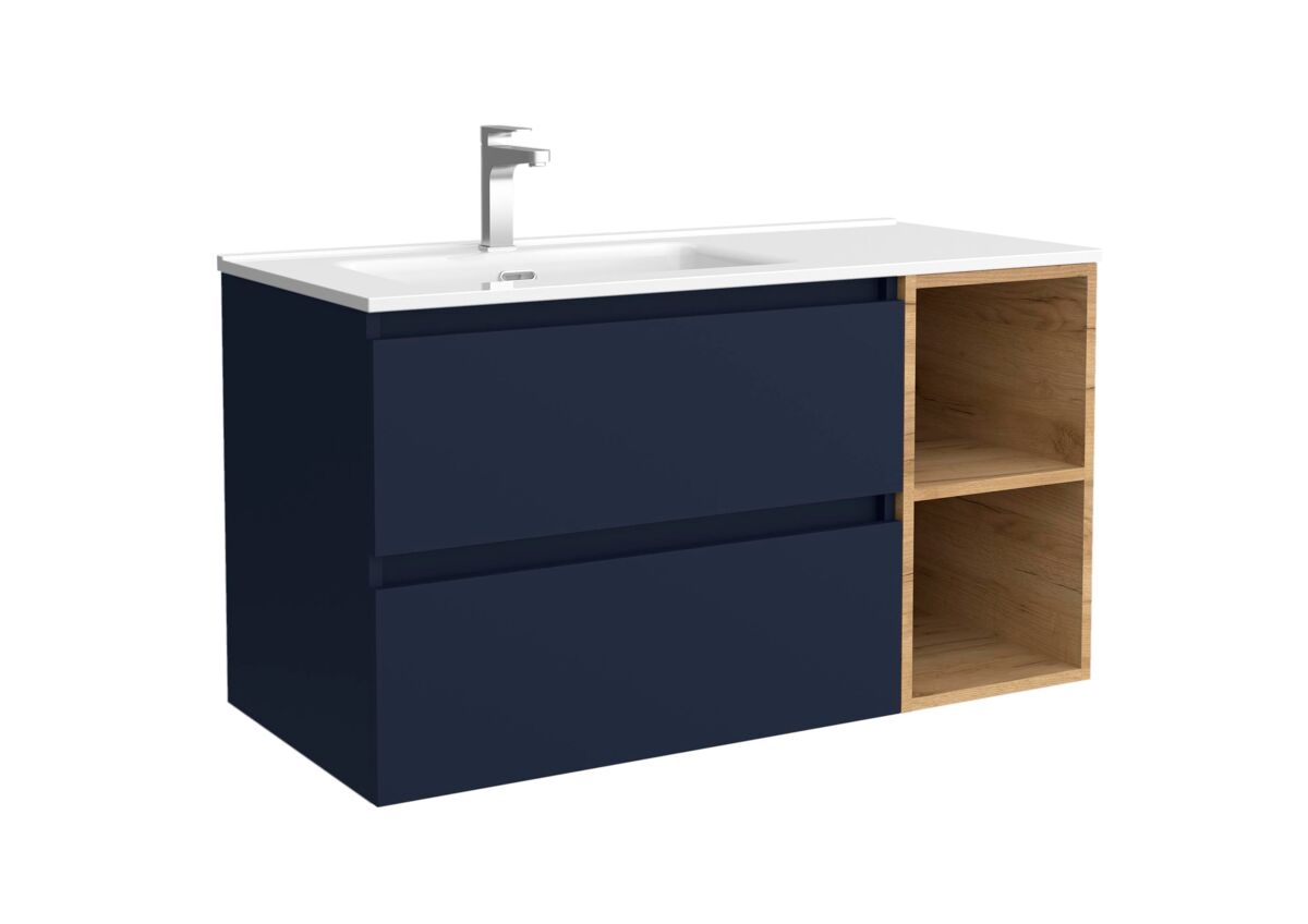 Mueble de baño bequia 90cm + coqueta 2 huecos derecha + lavabo cerámica | azul mate / roble |90x45x54