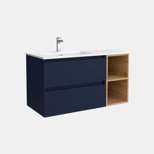 Móveis Bequia 90cm + armário direito com 2 furos + lavatório em cerâmica |Azul Cetim  Carvalho Africano |90x45x54
