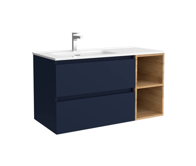Mueble de baño bequia 90cm + coqueta 2 huecos derecha + lavabo cerámica | azul mate / roble |90x45x54