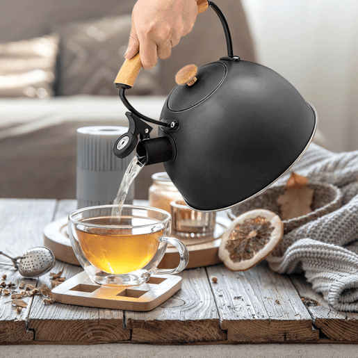 Briebe Wooden Chaleira de Indução com Apito, 2,3 L, Aço Inox, Vitrocerâmica, Gás, Cabo de Madeira, , Preto