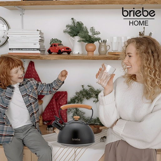 Briebe Wooden Chaleira de Indução com Apito, 2,3 L, Aço Inox, Vitrocerâmica, Gás, Cabo de Madeira, , Preto