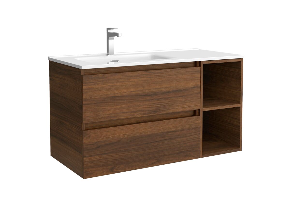 Mueble de baño bequia 90cm + coqueta 2 huecos derecha + lavabo cerámica | nogal |90x45x54
