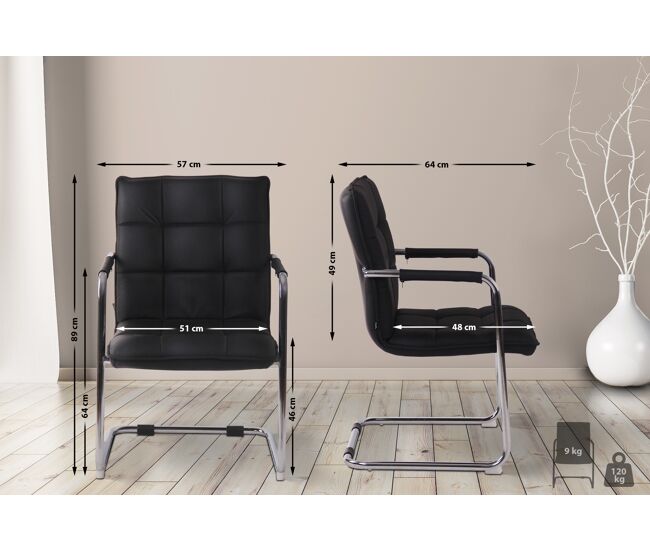 Silla De Conferencia Gandia En Cuero Auténtico Negro 64X57X89 cm