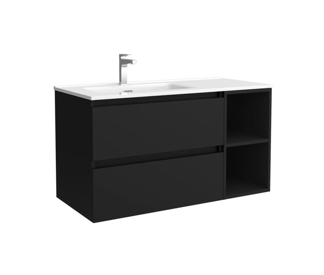 Mueble de baño bequia 90cm + coqueta 2 huecos derecha + lavabo cerámica | negro mate |90x45x54
