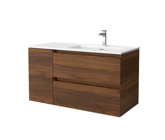 Mueble de baño bequia 90cm + coqueta 1 puerta izquierda + lavabo cerámica | nogal |90x45x54