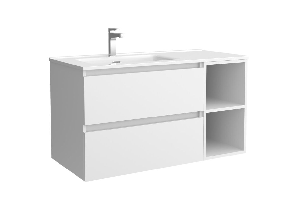 Mueble de baño bequia 90cm + coqueta 2 huecos derecha + lavabo cerámica | blanco mate |90x45x54