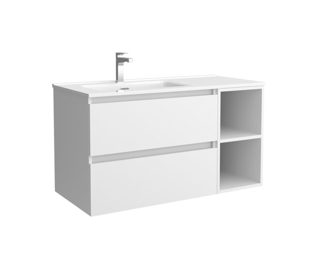 Mueble de baño bequia 90cm + coqueta 2 huecos derecha + lavabo cerámica | blanco mate |90x45x54