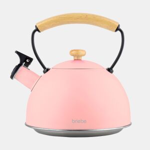 Briebe Pastel Chaleira de Indução com Apito, 2,3 L, Aço Inox, Retro, Vitrocerâmica, Gás, Cabo de Madeira, , Cor de rosa