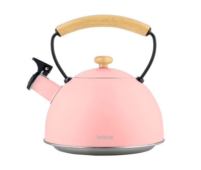 Briebe pastel tetera con silbato, hervidor de agua 2,3l, inducción, acero inox, vintage, mango madera, , rosa