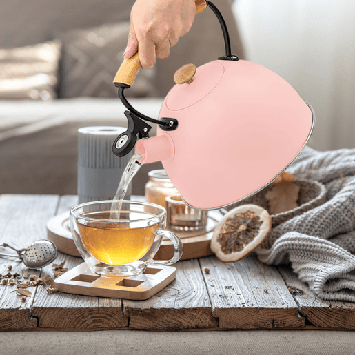Briebe Pastel Chaleira de Indução com Apito, 2,3 L, Aço Inox, Retro, Vitrocerâmica, Gás, Cabo de Madeira, , Cor de rosa