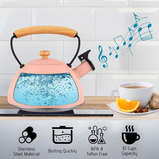 Briebe Pastel Chaleira de Indução com Apito, 2,3 L, Aço Inox, Retro, Vitrocerâmica, Gás, Cabo de Madeira, , Cor de rosa