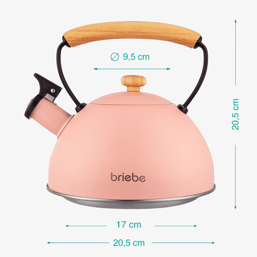 Briebe Pastel Chaleira de Indução com Apito, 2,3 L, Aço Inox, Retro, Vitrocerâmica, Gás, Cabo de Madeira, , Cor de rosa