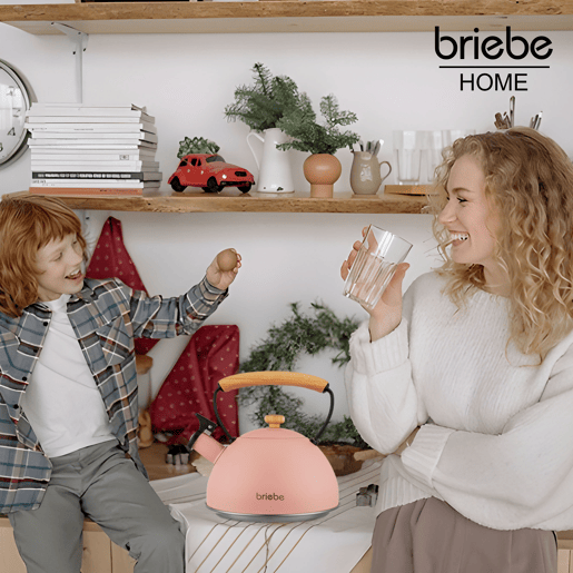 Briebe Pastel Chaleira de Indução com Apito, 2,3 L, Aço Inox, Retro, Vitrocerâmica, Gás, Cabo de Madeira, , Cor de rosa