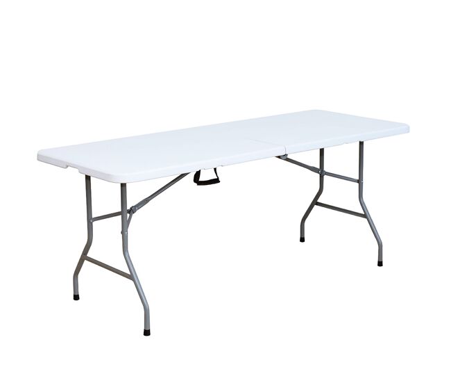 Acomoda textil – mesa rectangular portátil para jardín, terraza y camping. mesa blanca plegable de interior y exterior, resistente y duradera con asa de transporte 180x69x74 cm.