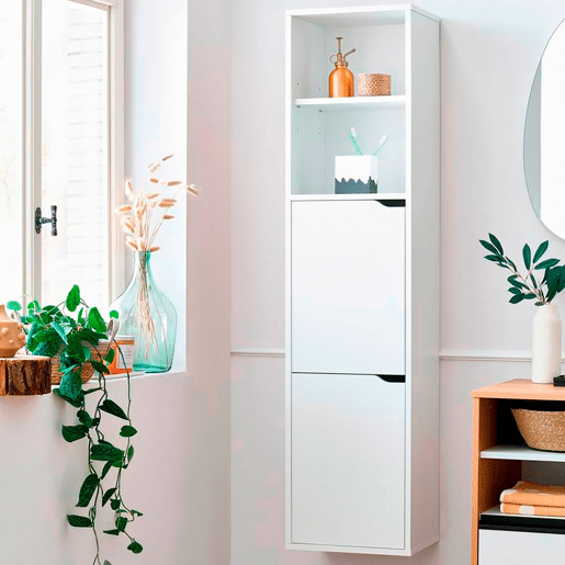 Briebe Aura Coluna Casa de Banho, Móvel Auxiliar Armazenamento, Suspenso ou de Chão 150x36,5x30 cm, 2 Prateleiras, 2 Portas, , Branco