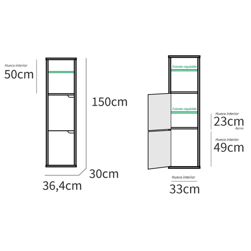 Briebe Aura Coluna Casa de Banho, Móvel Auxiliar Armazenamento, Suspenso ou de Chão 150x36,5x30 cm, 2 Prateleiras, 2 Portas, , Branco
