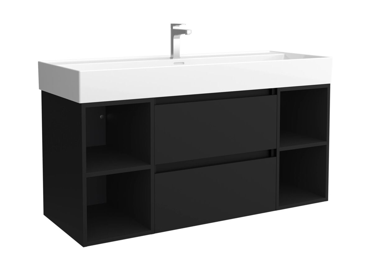 Mueble de baño bequia 120cm + coqueta 2 huecos centrado + lavabo cerámica | negro mate |120x45x66
