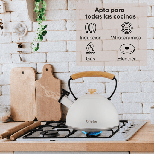 Briebe Nordic Chaleira de Indução com Apito, 2,3 L, Aço Inox, Vitrocerâmica, Gás, Cabo de Madeira, , Branco