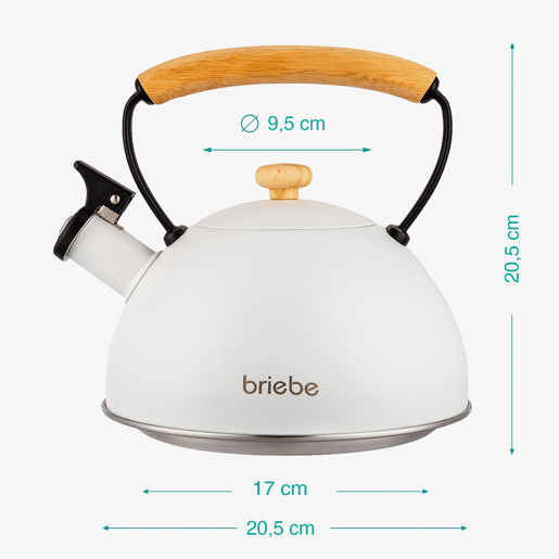 Briebe Nordic Chaleira de Indução com Apito, 2,3 L, Aço Inox, Vitrocerâmica, Gás, Cabo de Madeira, , Branco