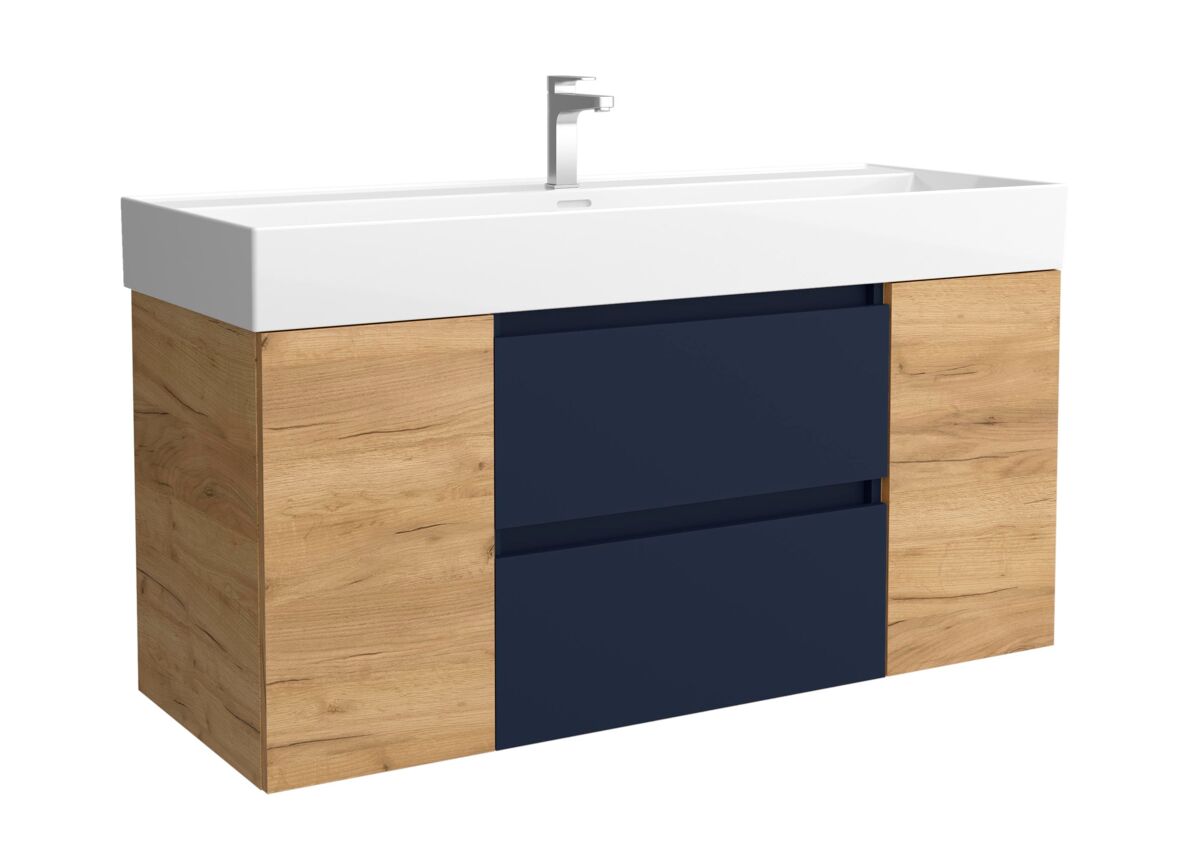 Mueble de baño bequia 120cm + coqueta 1 puerta centrado + lavabo cerámica | azul mate / roble |120x45x66