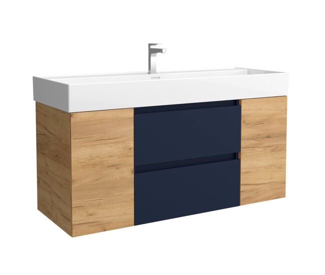 Mueble de baño bequia 120cm + coqueta 1 puerta centrado + lavabo cerámica | azul mate / roble |120x45x66