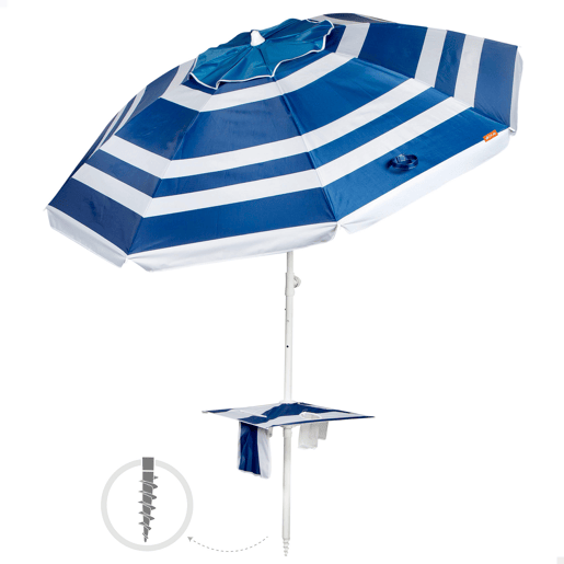 Aktive Guarda-sol de praia anti-vento 8 varetas 210 cm riscas azuis com mesa