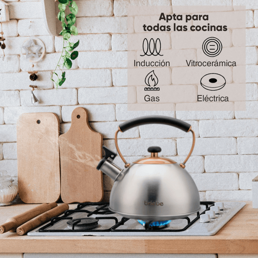 Briebe I-Bronze Chaleira de Indução com Apito, 2,3 L, Aço Inox, Retro, Vitrocerâmica, Gás, Cabo em Baquelite, , Inox Bronze