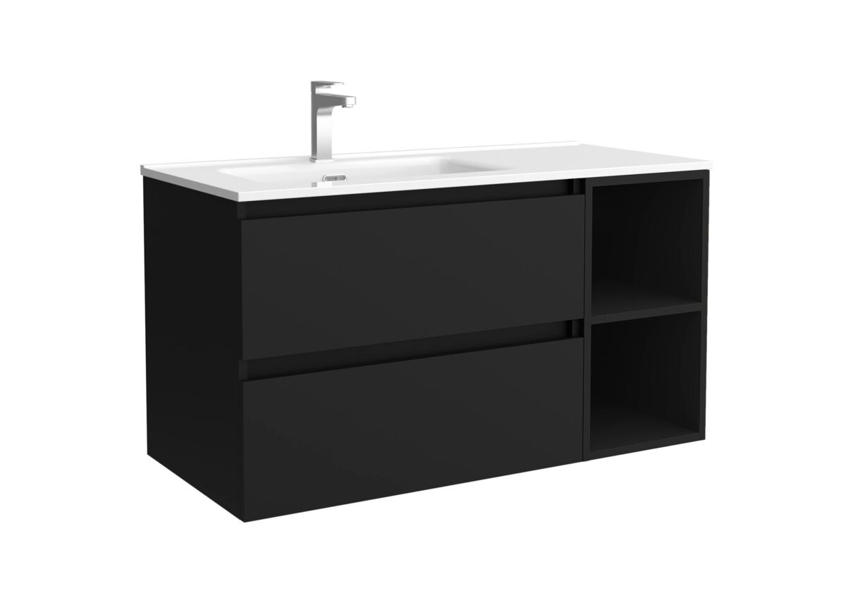 mueble de bano bequia 100cm  coqueta 2 huecos derecha  lavabo ceramica   negro mate 100x45x54