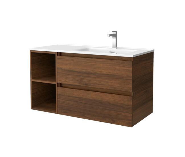 Mueble de baño bequia 100cm + coqueta 2 huecos izquierda + lavabo cerámica | nogal |100x45x54