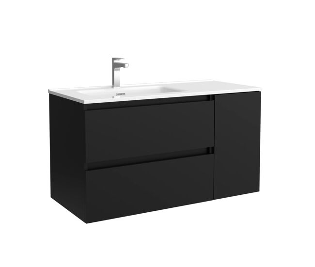 Mueble de baño bequia 90cm + coqueta 1 puerta derecha + lavabo cerámica | negro mate |90x45x54