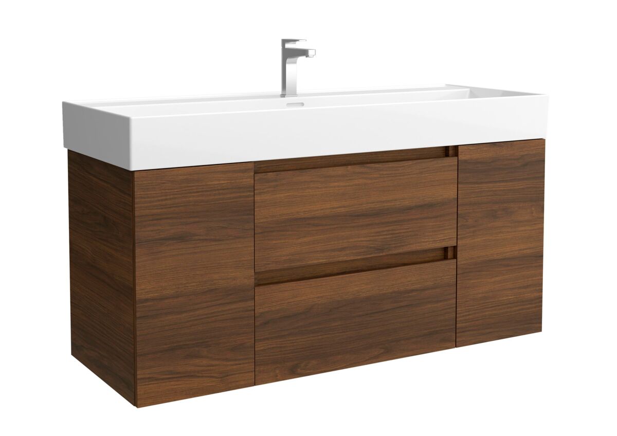 Mueble de baño bequia 120cm + coqueta 1 puerta centrado + lavabo cerámica | nogal |120x45x66