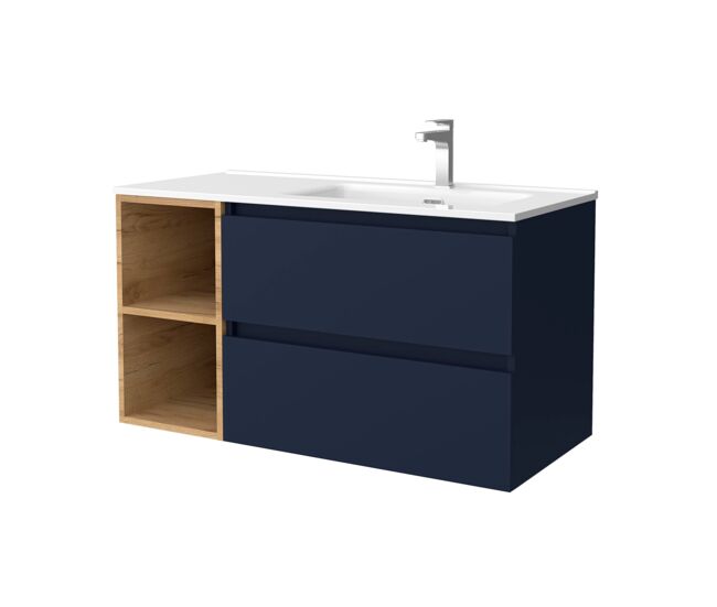 Mueble de baño bequia 100cm + coqueta 2 huecos izquierda + lavabo cerámica | azul mate / roble |100x45x54