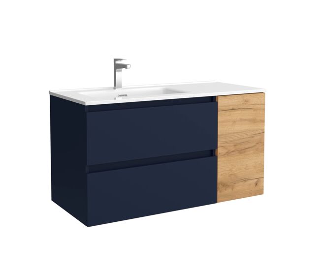 Mueble de baño bequia 100cm + coqueta 1 puerta derecha + lavabo cerámica | azul mate / roble |100x45x54