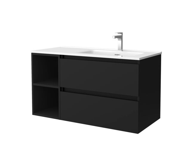 Mueble de baño bequia 90cm + coqueta 2 huecos izquierda + lavabo cerámica | negro mate |90x45x54