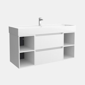 Móveis Bequia 120cm + 2 Móveis de Arrumação Centrados + Lavatório Cerâmico | Cor Branco Mate | 120x45x66
