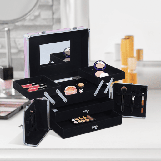 HOMCOM Estojo de Maquilhagem Organizador de Cosméticos Profissional Maleta de Maquilhagem Caixa de Produtos de Beleza Portátil com Compartimentos 29x21x20 cm Rosa