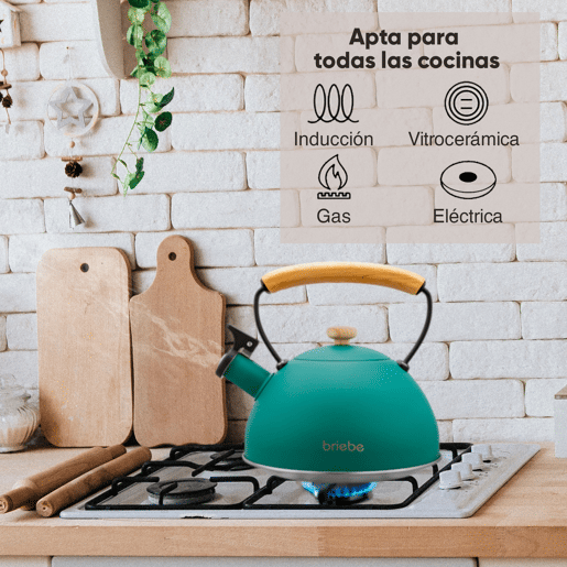 Briebe Nordic Chaleira de Indução com Apito, 2,3 L, Aço Inox, Vitrocerâmica, Gás, Cabo de Madeira, , Verde