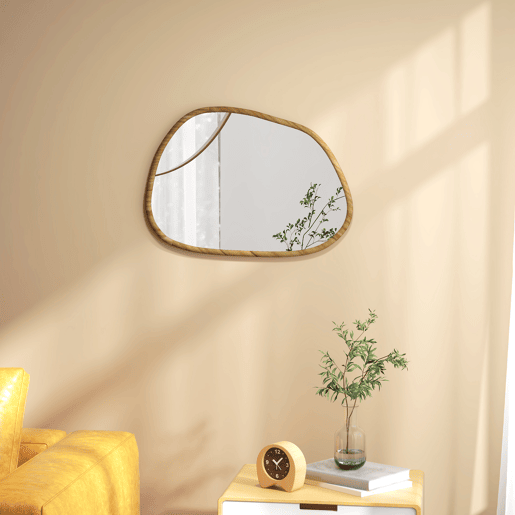 HOMCOM Espelho de Parede Decorativo 70x50 cm Espelho de Casa de Banho com Forma Irregular e Moldura de Madeira para Sala Entrada Corredor Horizontal ou Vertical Natural