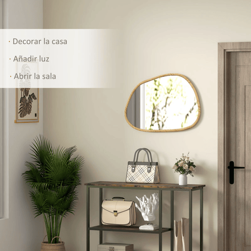 HOMCOM Espelho de Parede Decorativo 70x50 cm Espelho de Casa de Banho com Forma Irregular e Moldura de Madeira para Sala Entrada Corredor Horizontal ou Vertical Natural