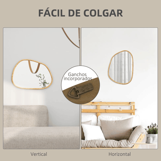 HOMCOM Espelho de Parede Decorativo 70x50 cm Espelho de Casa de Banho com Forma Irregular e Moldura de Madeira para Sala Entrada Corredor Horizontal ou Vertical Natural